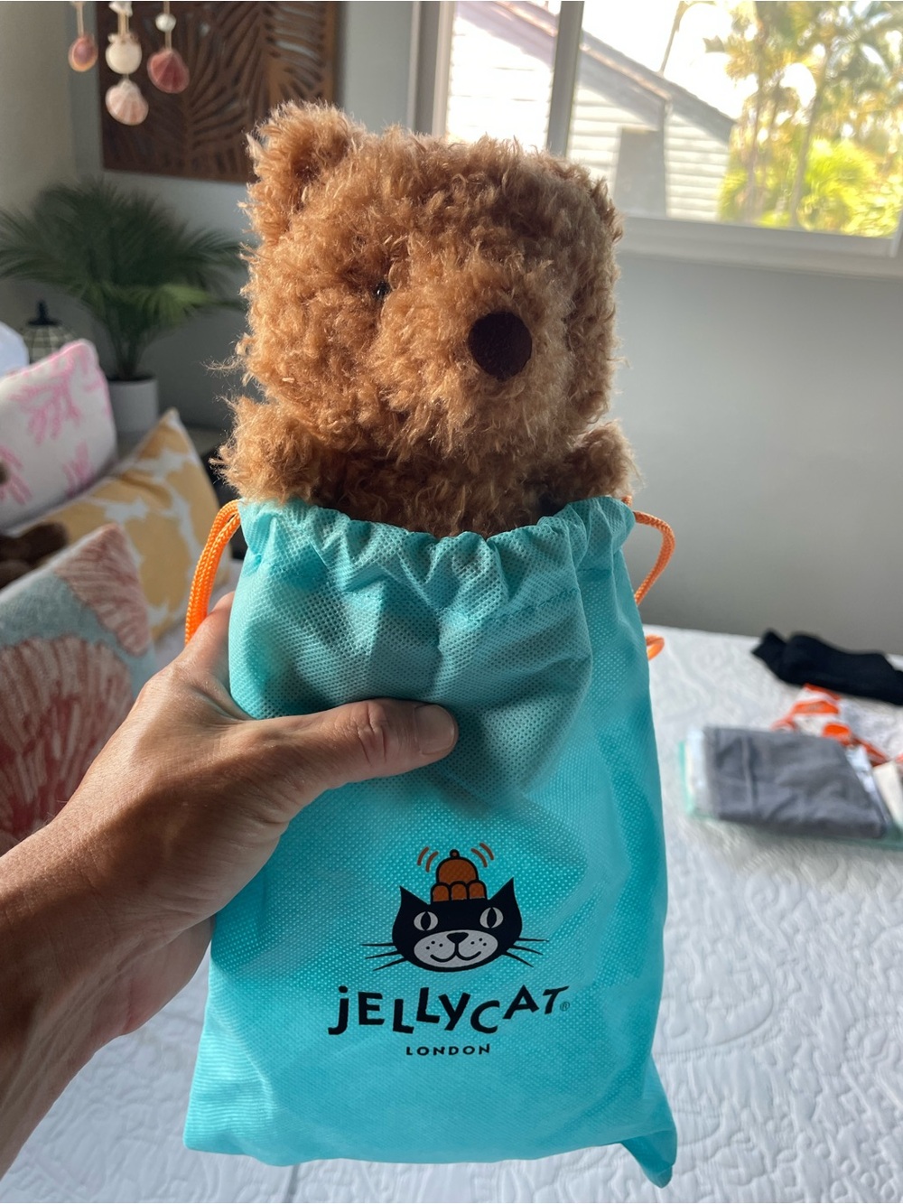 Jellycat Plush Brown Curly Bear on Blue Drawstring Bag - Picture 14 of 16